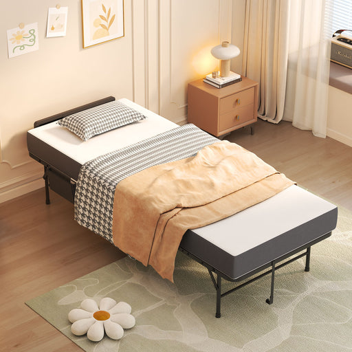 Giga twin folding rollaway bed with adjustable headboard, memory foam mattress, portable cotton wheels, black space-saving guest bed