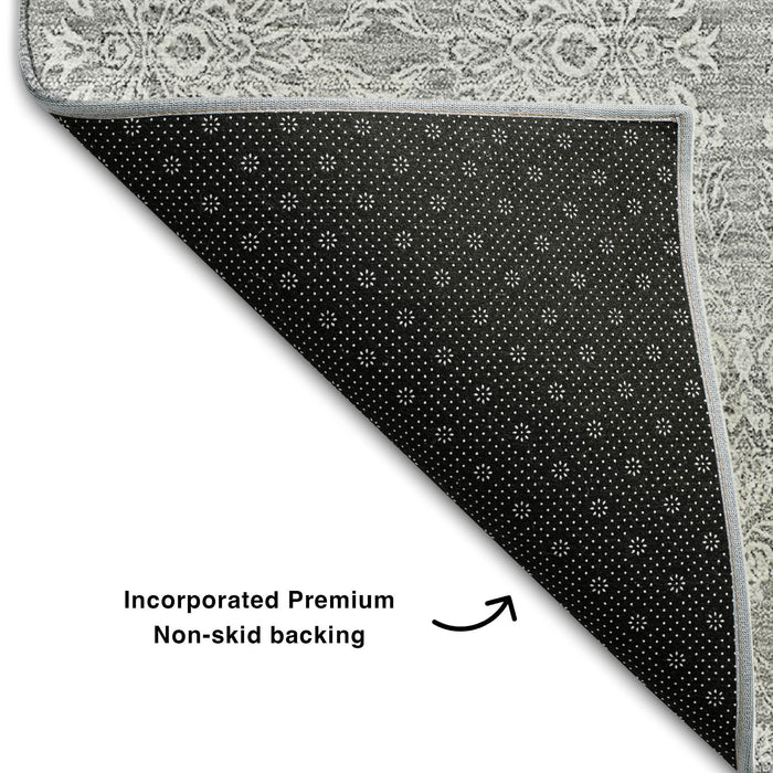 10' X 14' Floral Washable Area Rug With UV Protection (656897) - Gray / Ivory