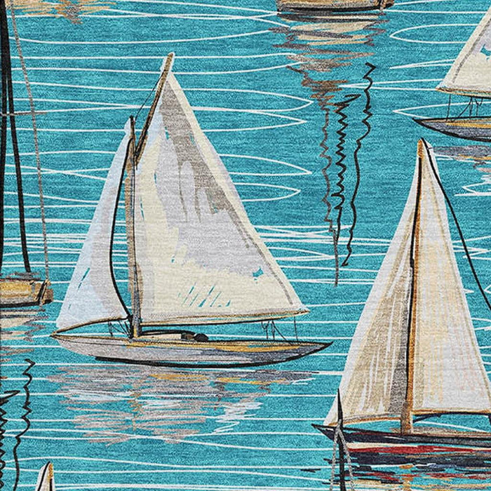 9' X 12' Nautical Washable Area Rug With UV Protection - Teal Blue
