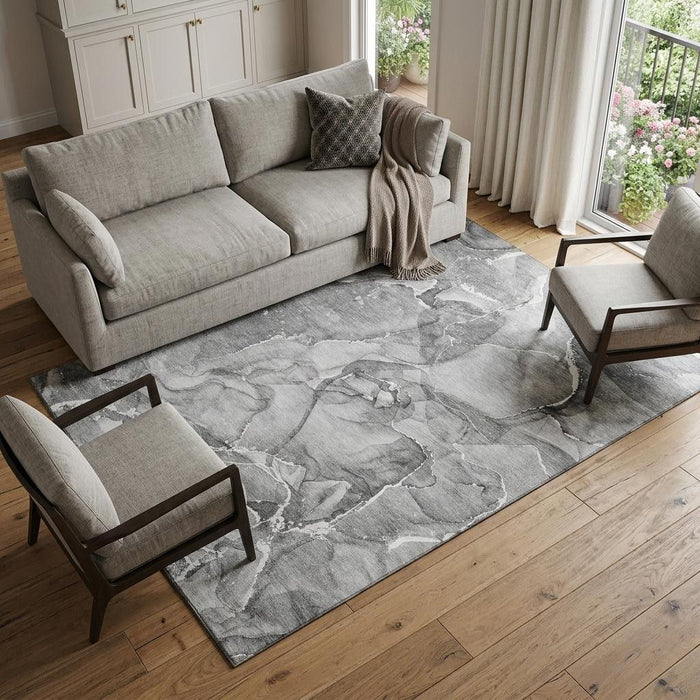 8' X 10' Abstract Washable Area Rug With UV Protection (647276) - Pewter / Ivory