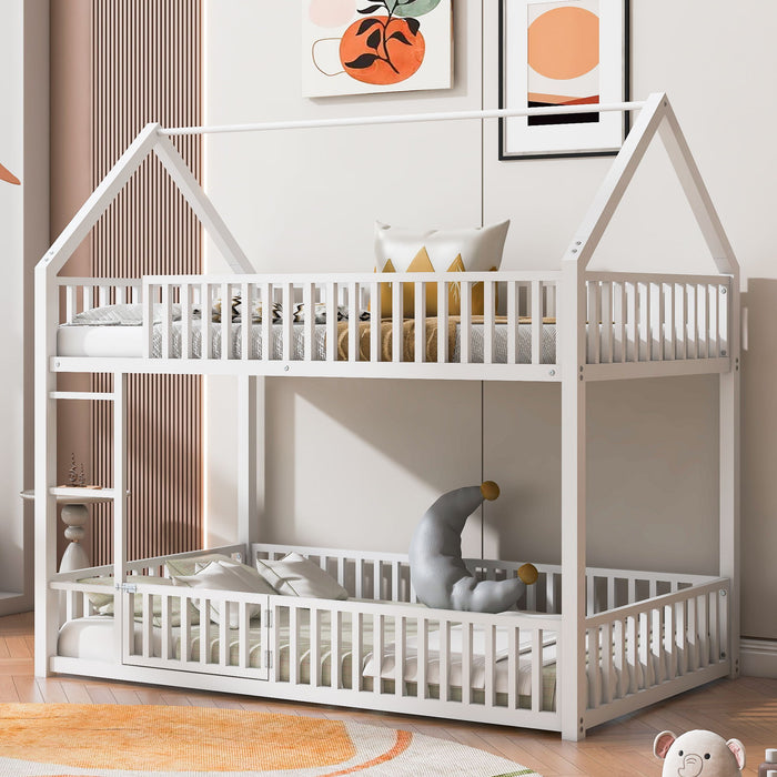 Giga Metal House Bunk Bed with safety fence and door, featuring a playful house design and sturdy metal construction for kids' bedroom.