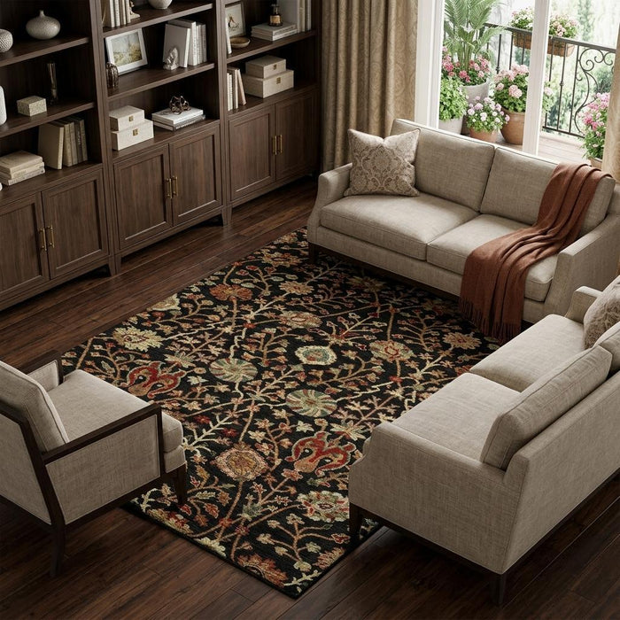 10' X 14' Floral Washable Area Rug With UV Protection (683962) - Black / Copper / Red
