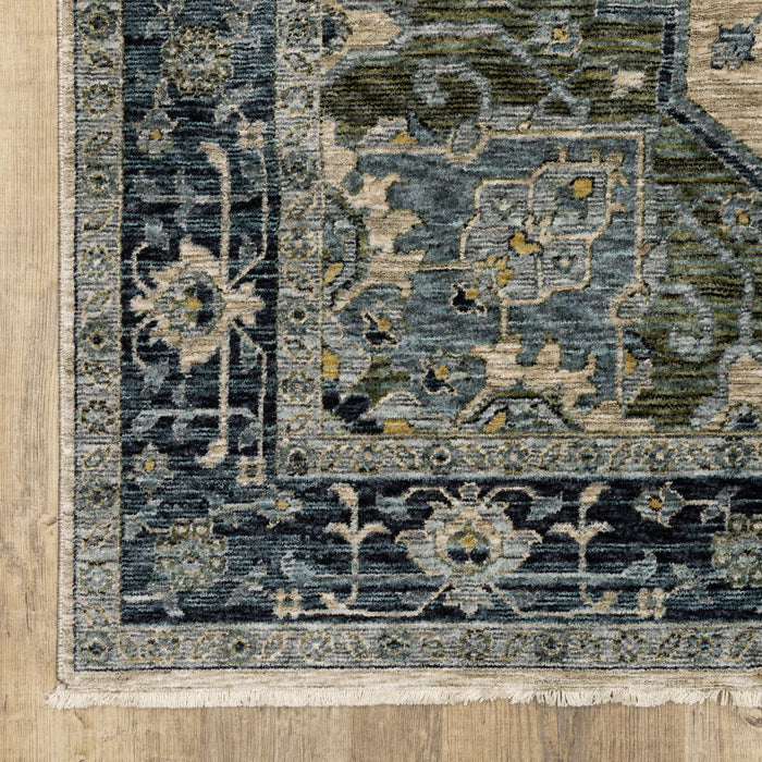 10' x 13' Oriental Power Loom Stain Resistant Area Rug With Fringe - Blue Gray Beige Tan Green And Gold