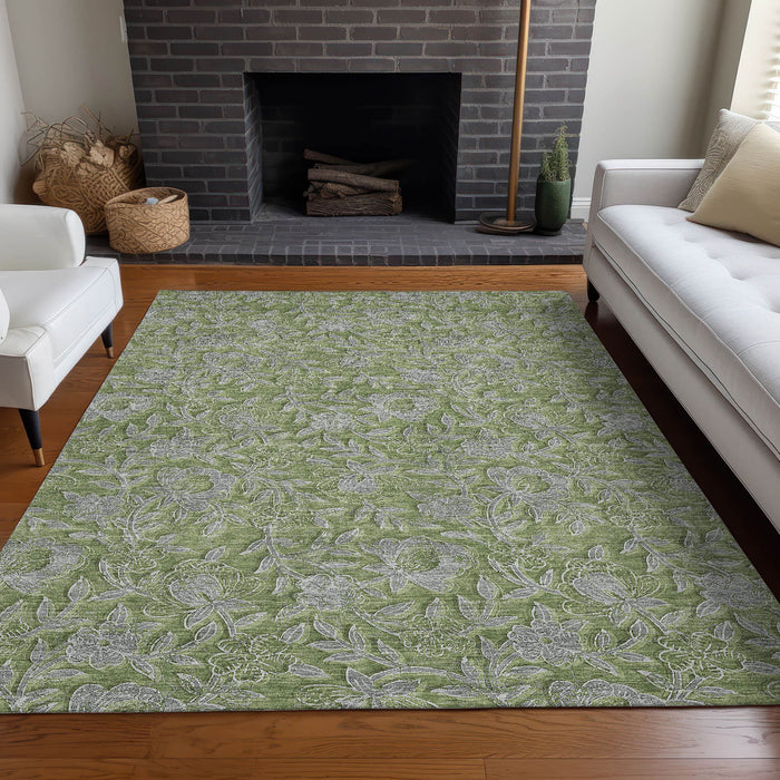 9' X 12' Floral Washable Area Rug With UV Protection - Olive Green And Gray
