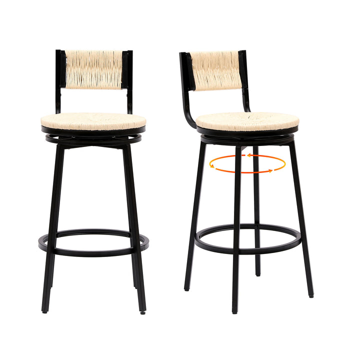 Set of 2 Giga swivel bar stools with metal frames and hand-woven paper rope seats, ideal for kitchen counters and dining areas.
