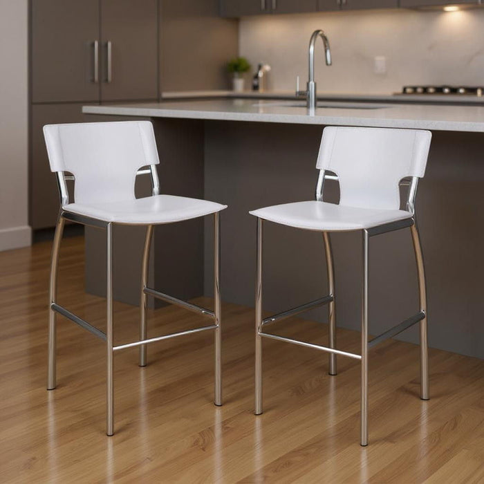 Faux Leather Metal Low Back Counter Height Bar Chairs (Set of 2) - White / Silver