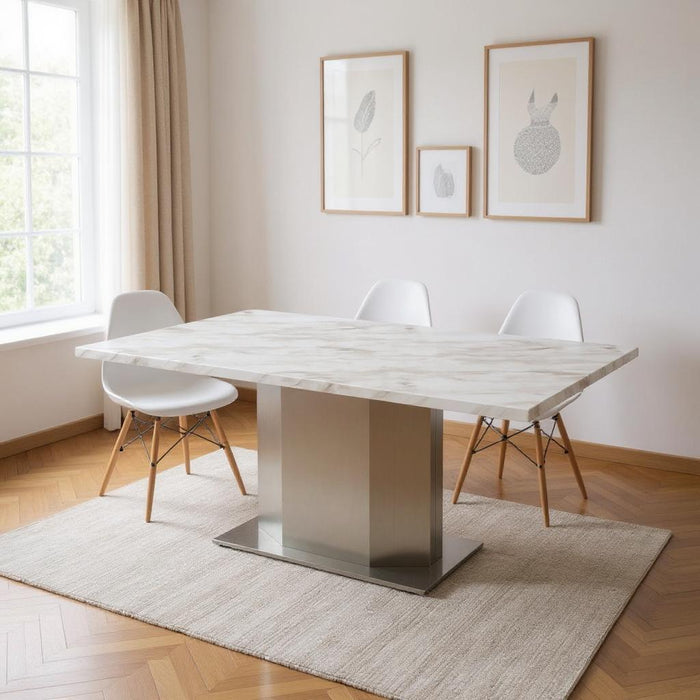 79" Marble And Stainless Steel Pedestal Base Dining Table - Gray / White