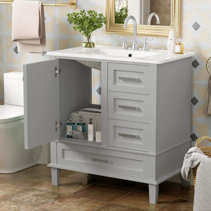 Modern Giga bathroom vanity with sink, solid wood frame, soft-close door, and three drawers, ideal for stylish bathroom storage.