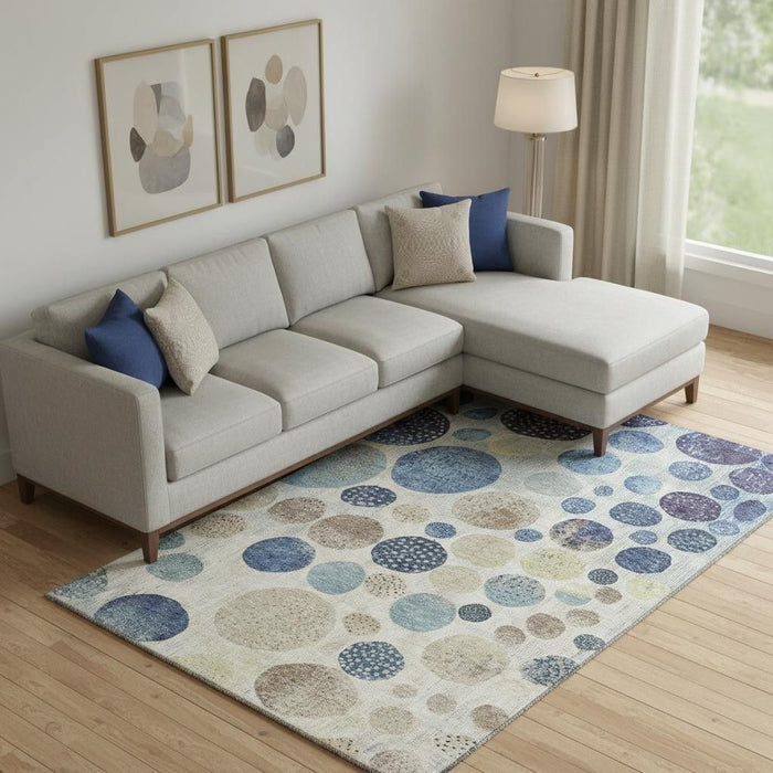 10' X 14' Geometric Washable Area Rug With UV Protection (709234) - Navy Blue / Ivory / Taupe