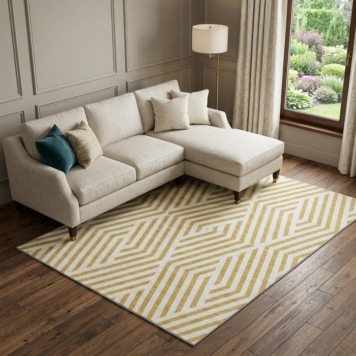 10' X 14' Geometric Washable Area Rug With UV Protection (648538) - Gold / Ivory