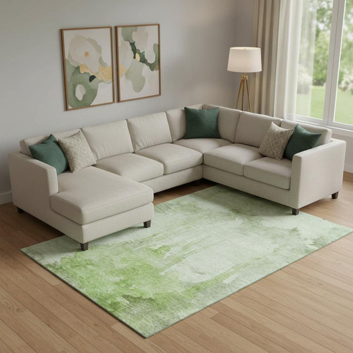 10' X 14' Abstract Washable Area Rug With UV Protection (701515) - Artichoke Green / Ivory