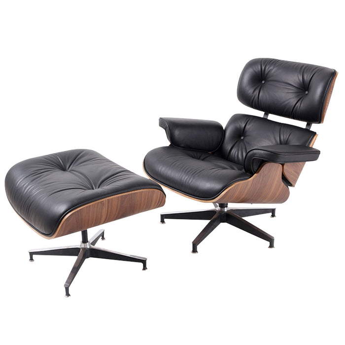 Black and brown tufted leather swivel lounge chair with matching ottoman, HomeRoots stationary chair and ottoman set.