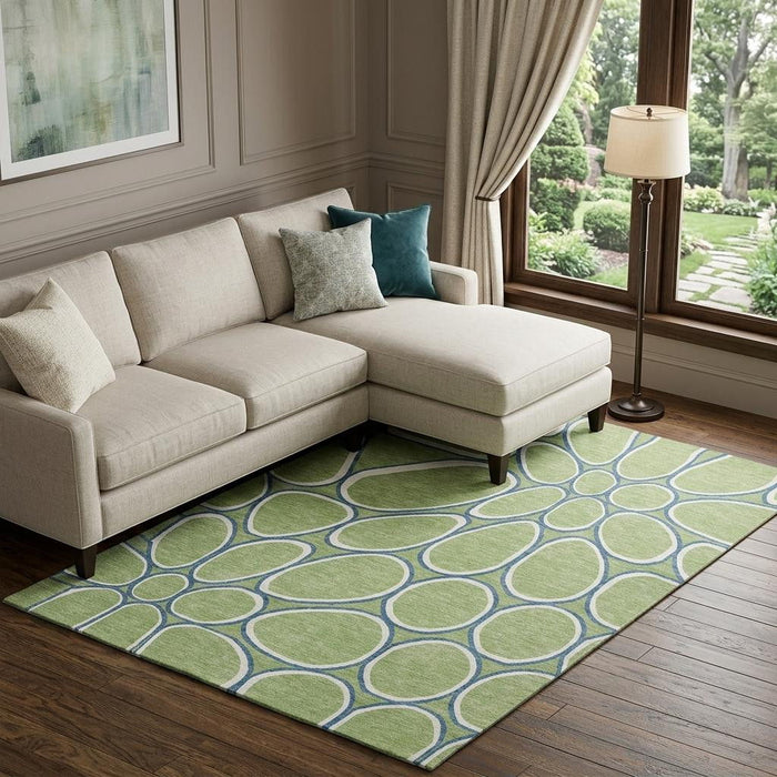 10' X 14' Geometric Washable Area Rug With UV Protection (681659) - Artichoke Green / Ivory / Blue