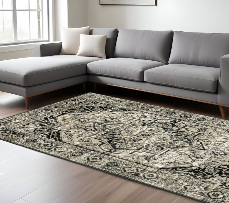 10' x 13' Oriental Power Loom Stain Resistant Area Rug - Black Gray Tan And Ivory