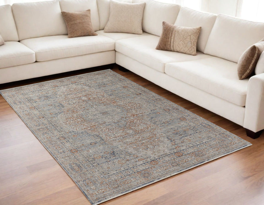 5' x 7' Oriental Power Loom Worn Faded Area Rug With Fringe - Gray Ivory And Orange