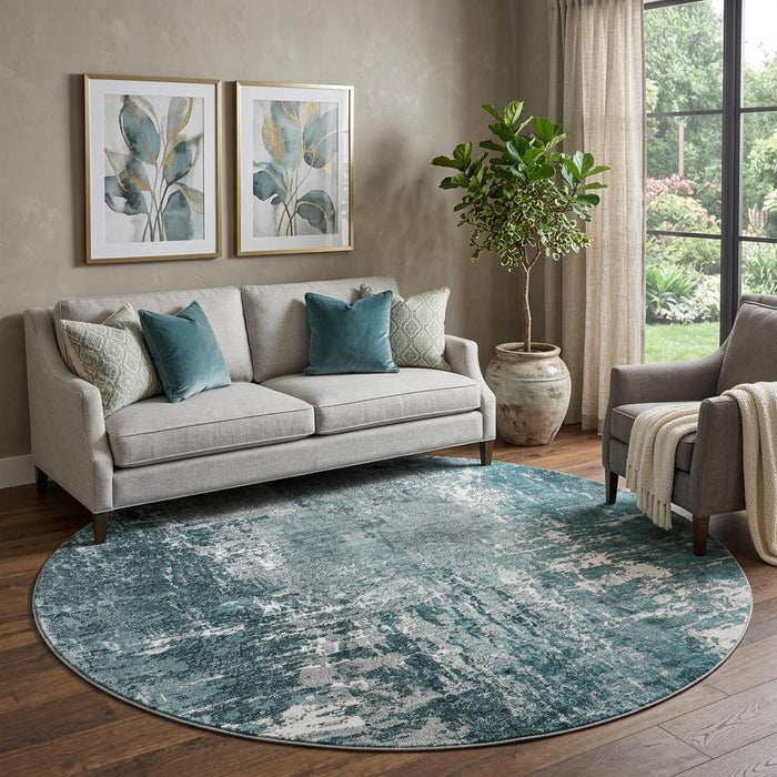 8' Abstract Washable Round Rug With UV Protection (657524) - Teal / Ivory