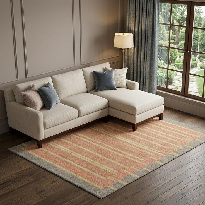 10' X 14' Striped Washable Area Rug With UV Protection (693498) - Pewter / Salmon / Gold