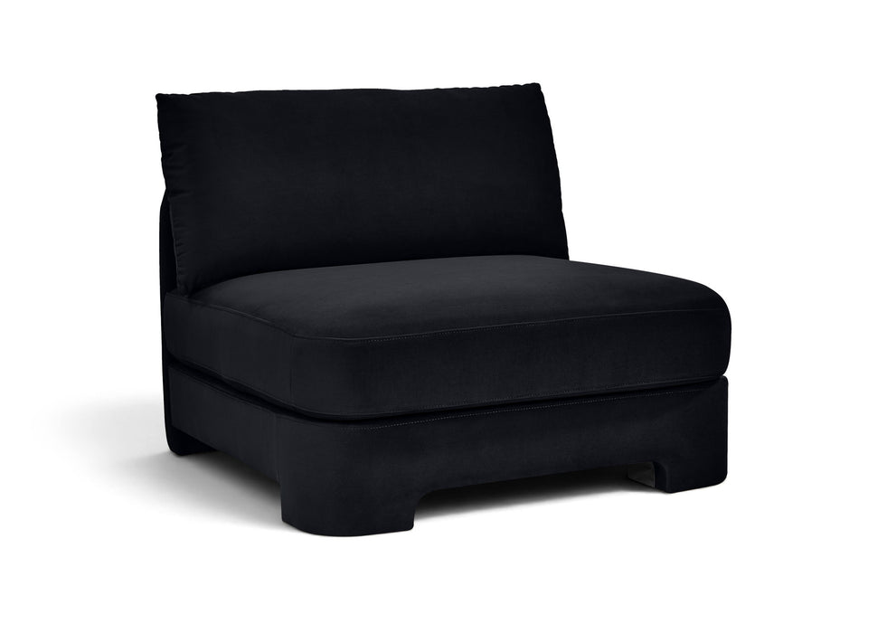 Velvet upholstered armless stationary chair by Meridian Furniture, showcasing plush performance fabric and modern design.
