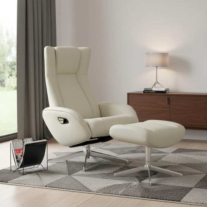 White genuine leather tufted swivel recliner and matching ottoman by HomeRoots, featuring a manual reclining mechanism.