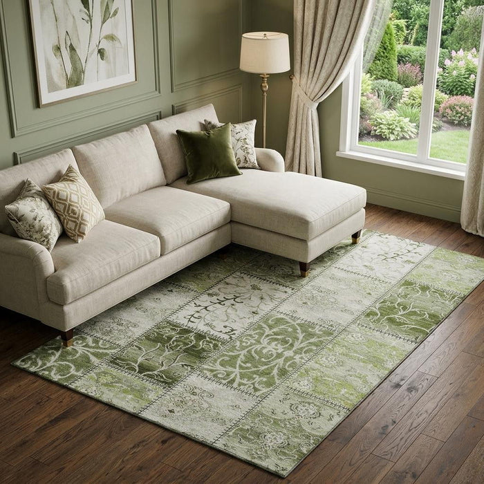 9' X 12' Patchwork Distressed Washable Area Rug With UV Protection (649575) - Green / Ivory