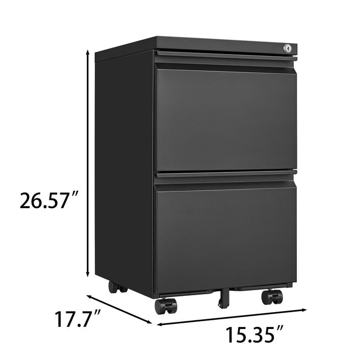 Giga metal 2-drawer rolling filing cabinet with lock, fits letter, legal, and A4 papers, ideal for home office storage.