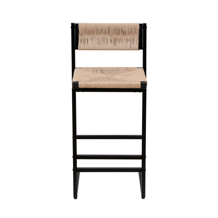 Set of 2 Giga bar stools with paper rope woven backs, ideal for kitchen island, bar, or counter seating.