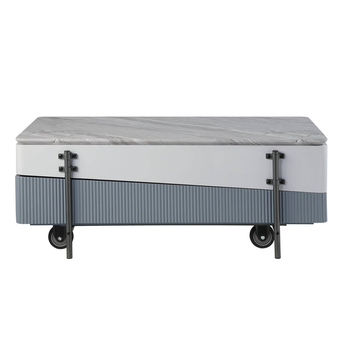 Gray and white faux marble wood and steel lift-top coffee table by HomeRoots, showcasing a modern design with a sleek surface.