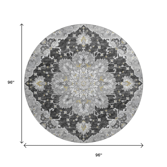 8' Floral Medallion Distressed Washable Round Rug With UV Protection (644547) - Graphite / Gold / Charcoal