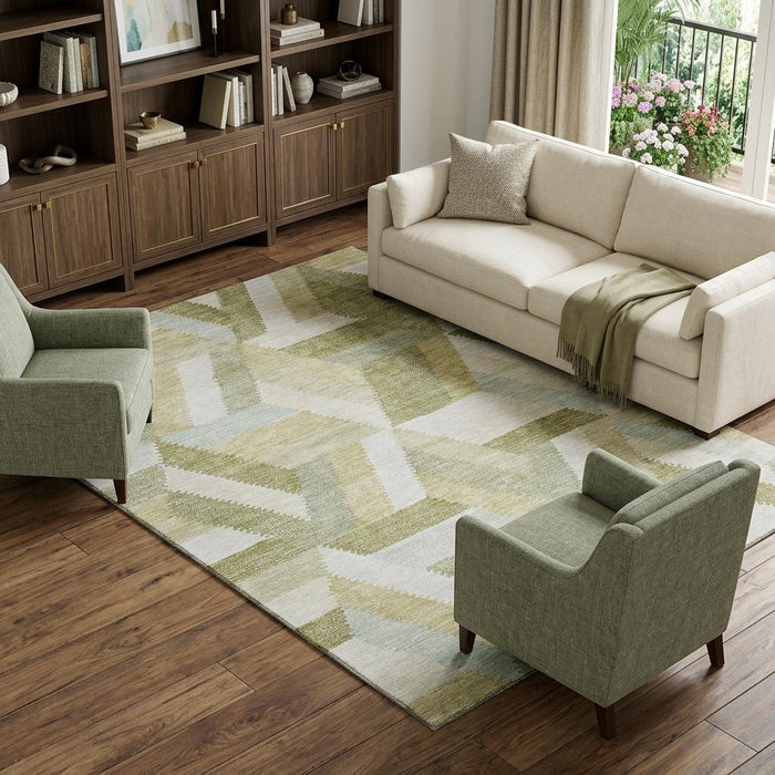 10' X 14' Geometric Washable Area Rug With UV Protection (692430) - Artichoke Green / Ivory / Wheat