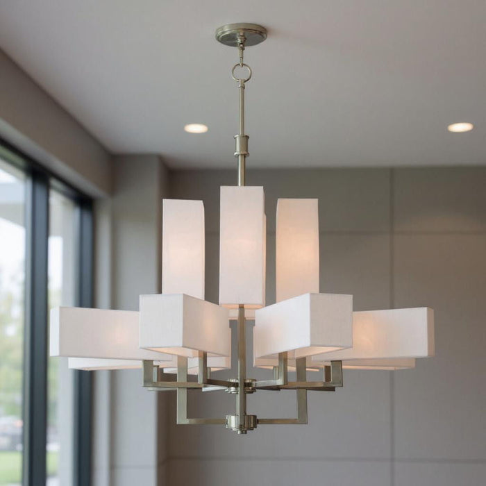 41" Twelve Light Dimmable Chandelier With Shades - Nickel
