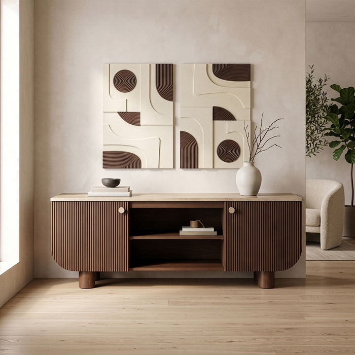 Meridian Furniture Cressa mango wood media console with open shelving and storage compartments for TV and media equipment.