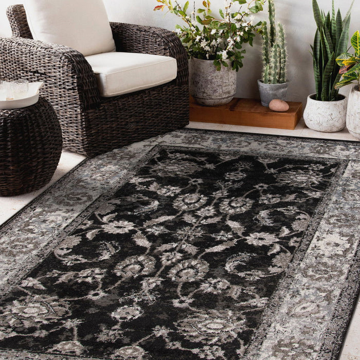 9' x 12' Floral Power Loom Area Rug - Ivory Black And Gray