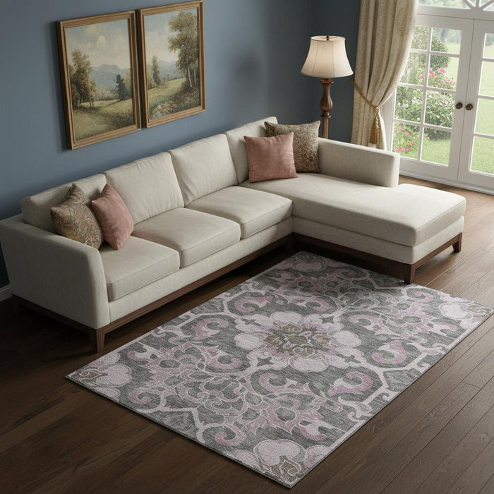 10' X 14' Floral Medallion Washable Area Rug With UV Protection (709078) - Pink / Ivory / Gray