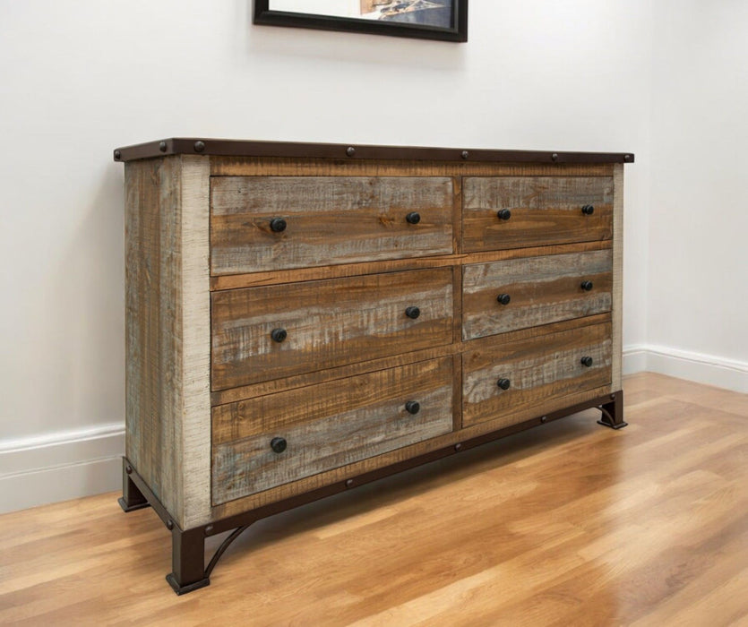 Solid Wooden Six Drawer Double Dresser - Brown