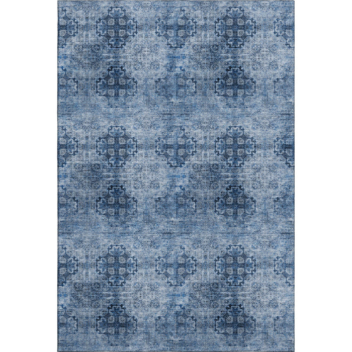 10' X 14' Floral Medallion Distressed Washable Area Rug With UV Protection (648934) - Navy Blue / Ivory
