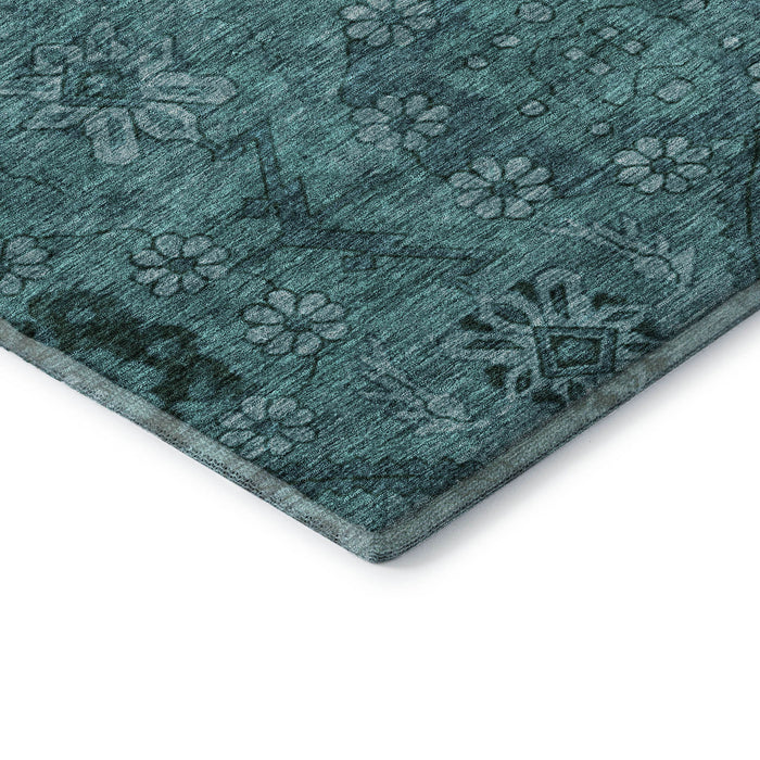 10' X 14' Floral Washable Area Rug With UV Protection (667264) - Teal / Gray