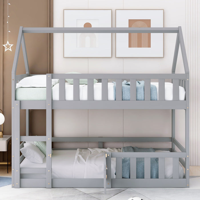 Giga twin over twin house bunk bed with safety fence and door, featuring a cozy, child-friendly design for bedroom use.
