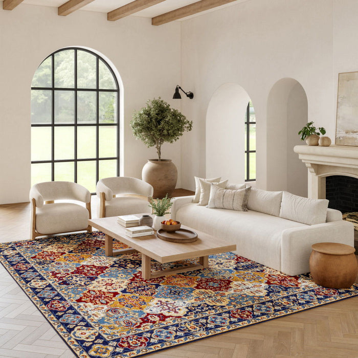 9' X 12' Floral Distressed Non Skid Area Rug - Ivory And Blue
