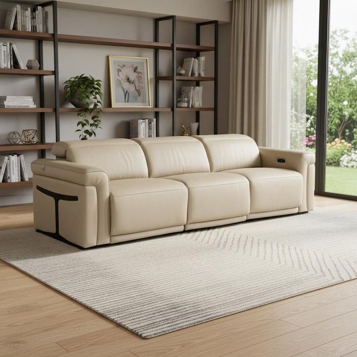 Top Grain Leather Reclining Metal USB Sofa (720356) - Beige