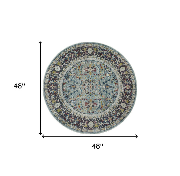 4' Floral Distressed Round Rug (550525) - Sky Blue