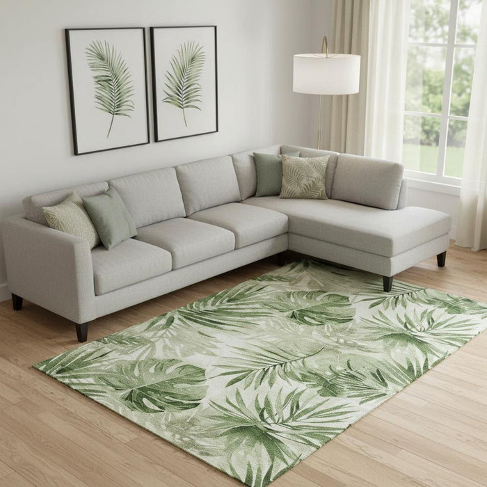 10' X 14' Floral Washable Area Rug With UV Protection (706927) - Artichoke Green / Ivory