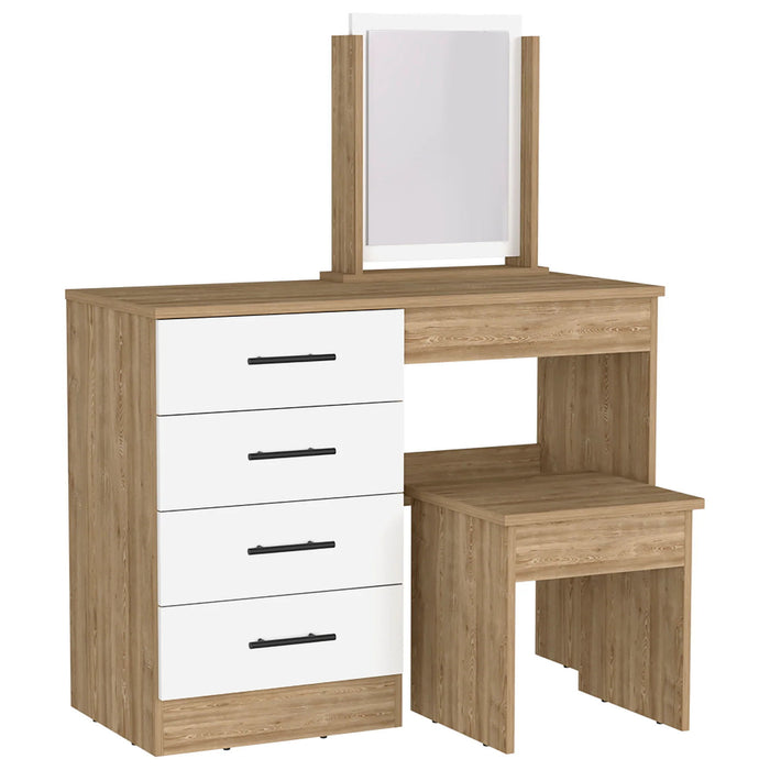 39" Wood Four Drawer Vanity Table With Mirror And Seat - Natural And White