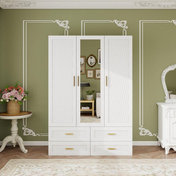 75" Ribbed Texturere Wood Mirro Three Door Four Drawer Combo Dresser - White
