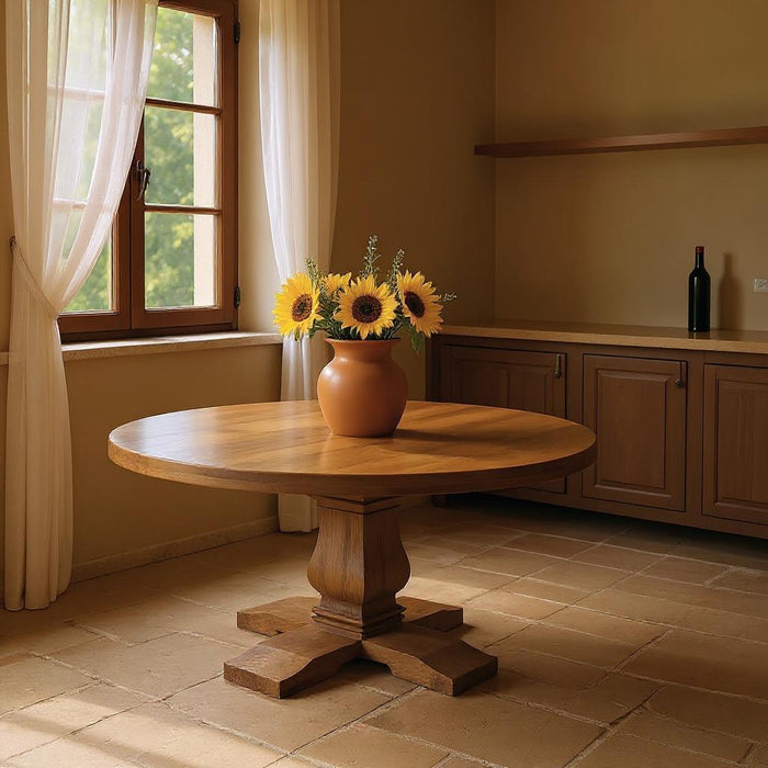 58" Solid Wood Pedestal Base Round Top Dining Table - Brown