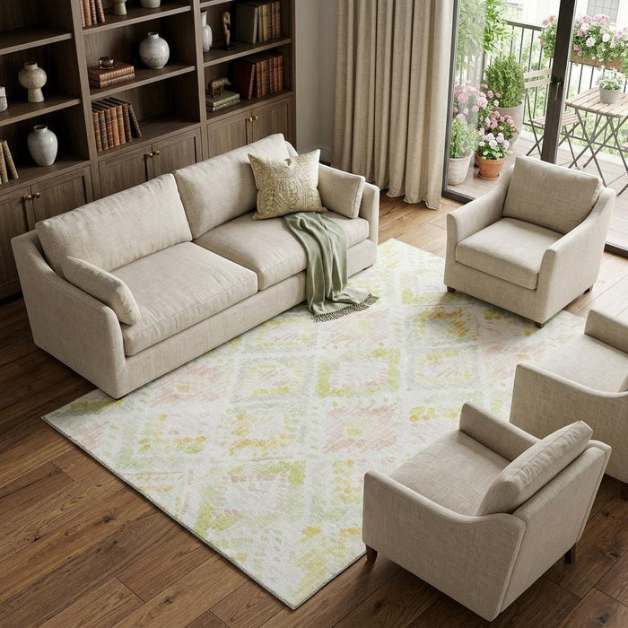 10' X 14' Geometric Washable Area Rug With UV Protection (684040) - Pink / Lime Green / Ivory