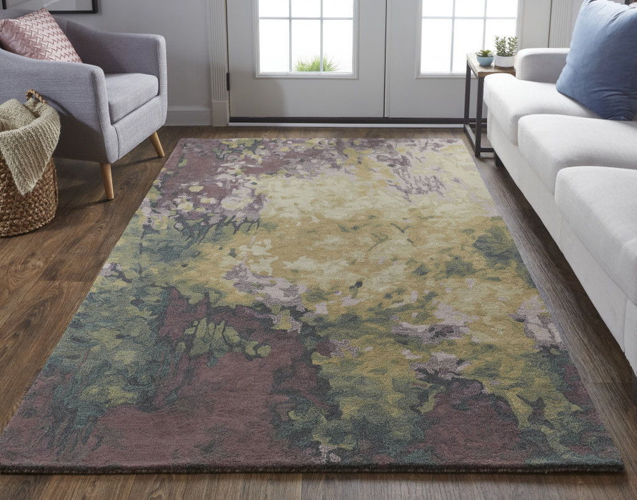 5' x 8' Wool Abstract Tufted Handmade Stain Resistant Area Rug - Gold Purple And Green