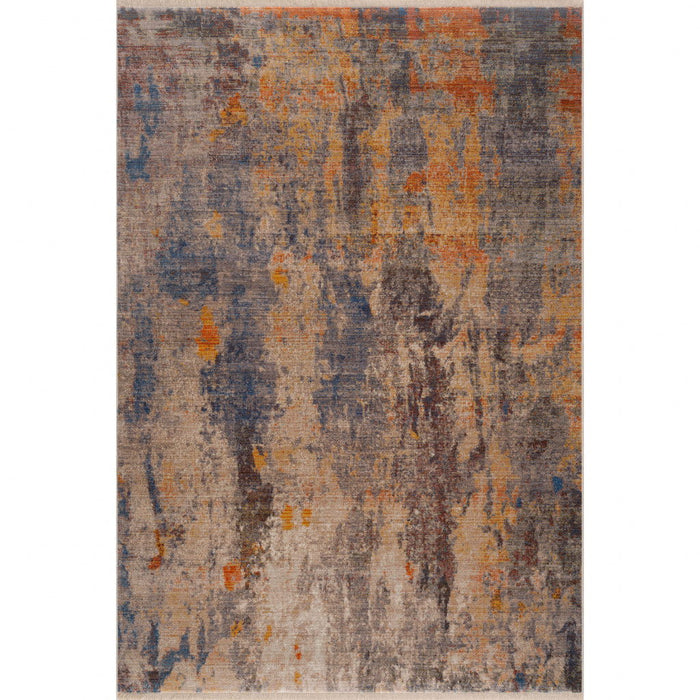 8' x 10' Abstract Power Loom Distressed Stain Resistant Area Rug - Gray Beige Blue And Yellow