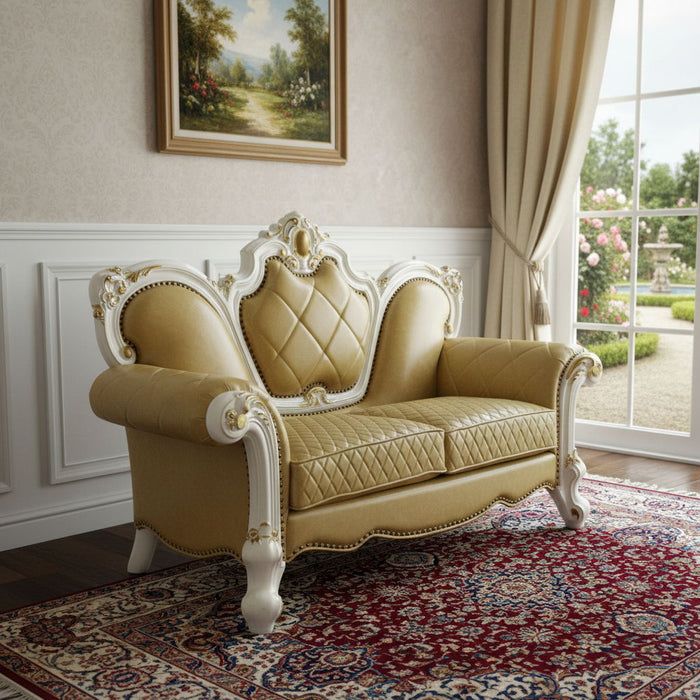Faux Leather Loveseat And Toss Pillows - Golden Yellow / Pearl