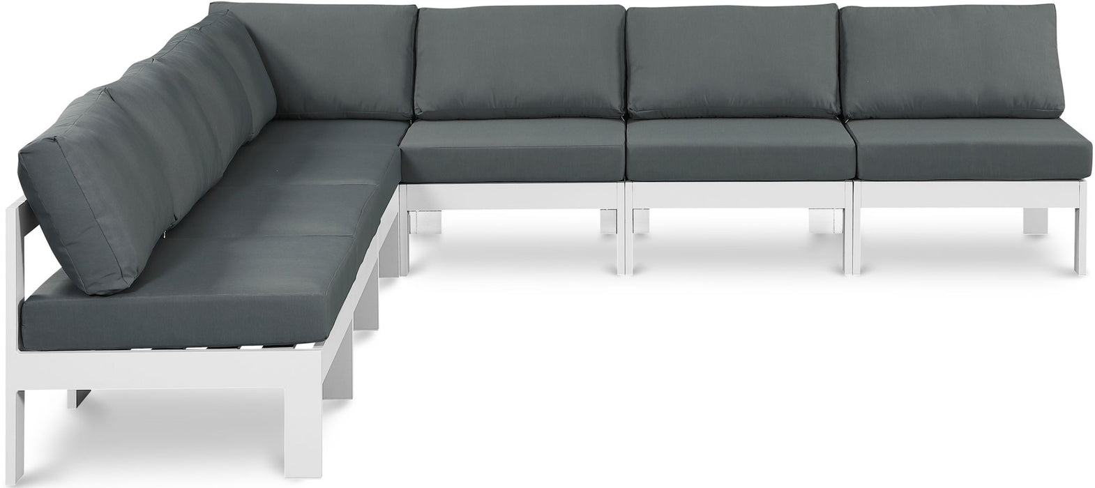 Outdoor patio Nizuc Meridian Furniture 7-piece modular sectional with white frame, featuring plush cushions and contemporary design.