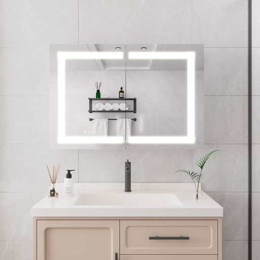 Giga medicine cabinet with LED vanity mirror, anti-fog, waterproof, dimmable touch switch for bathroom storage and grooming.